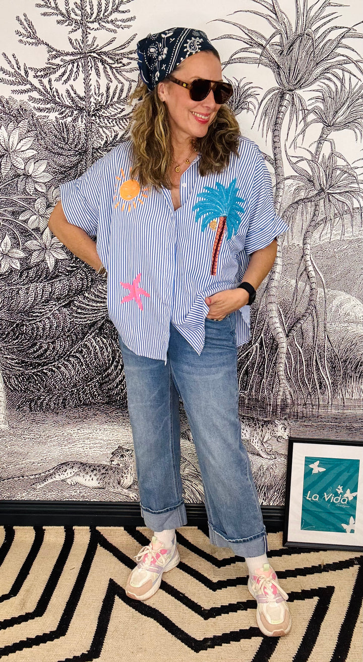 Palmera Embroidered Stripe Shirt With Palm Tree &amp; Sun