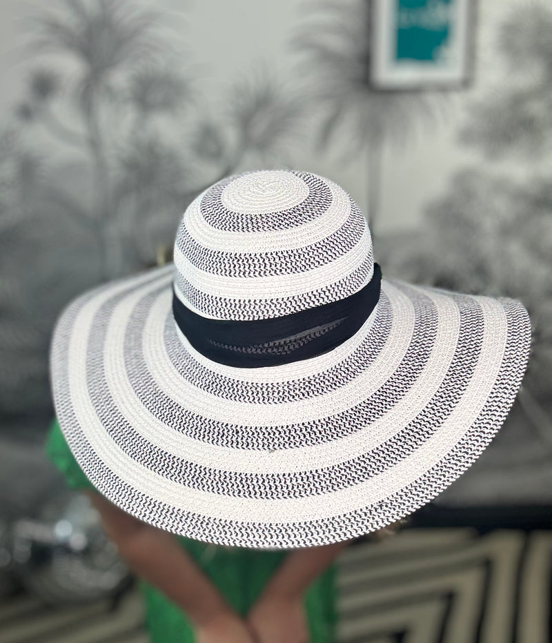 Monochrome Stripe Sun Foldable Hat with Black Ribbon Band