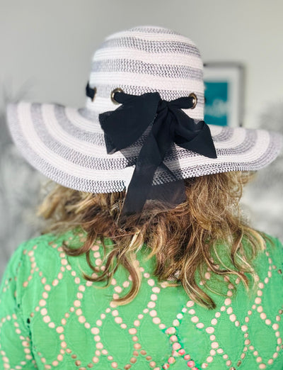 Monochrome Stripe Sun Foldable Hat with Black Ribbon Band