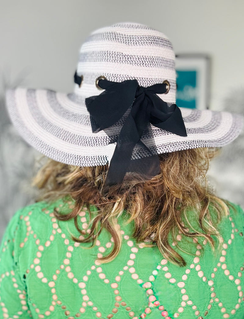 Monochrome Stripe Sun Foldable Hat with Black Ribbon Band