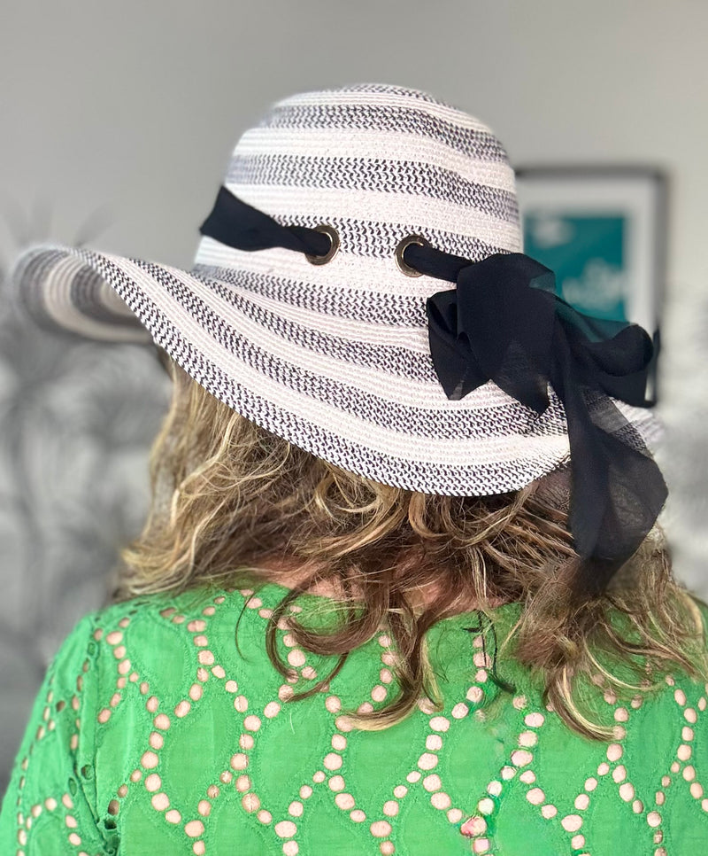 Monochrome Stripe Sun Foldable Hat with Black Ribbon Band