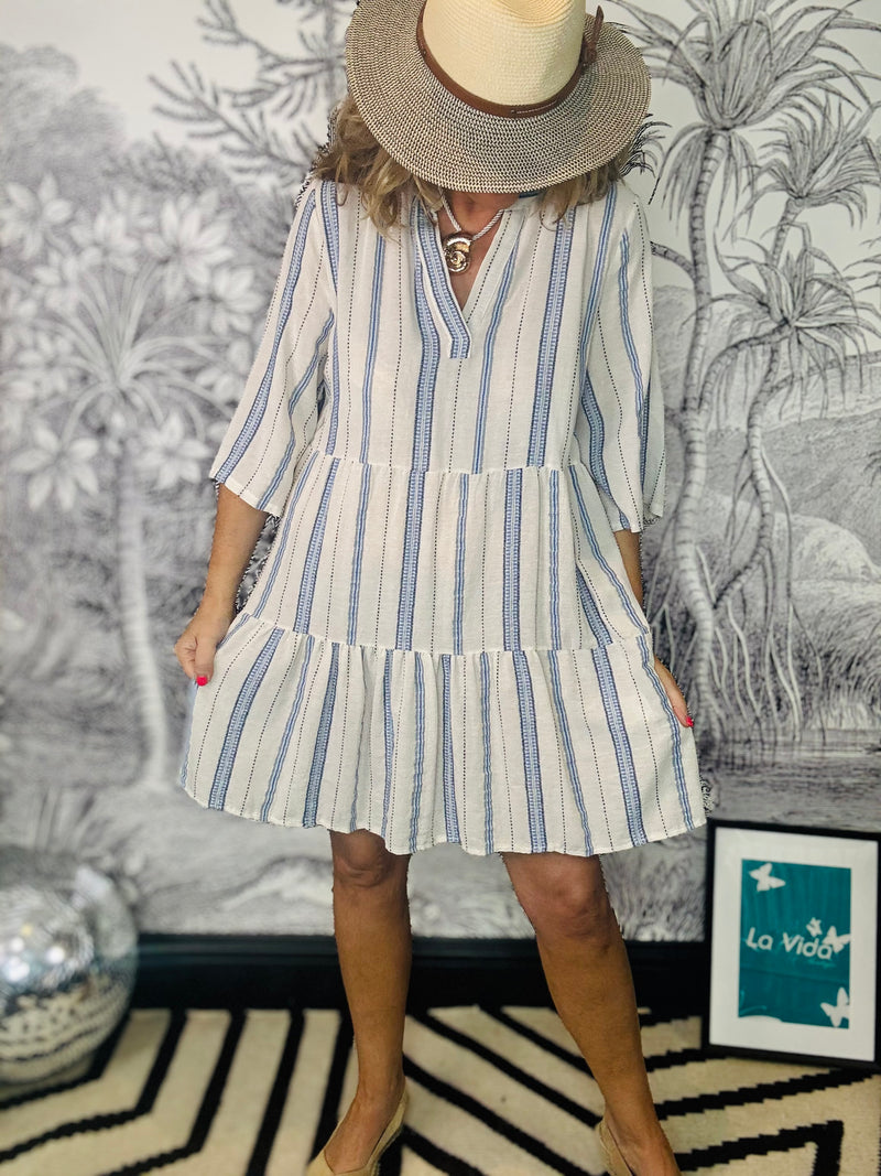 Mica Striped Boho Dress in Blue