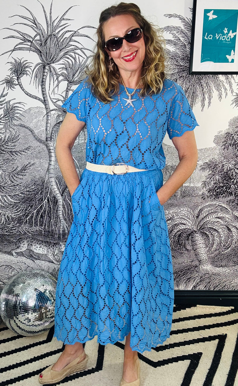 Freya Broderie Blouse in Ocean Blue