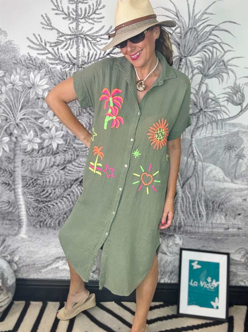Bilbao Neon Embroidery Cheesecloth Shirt Dress in Khaki