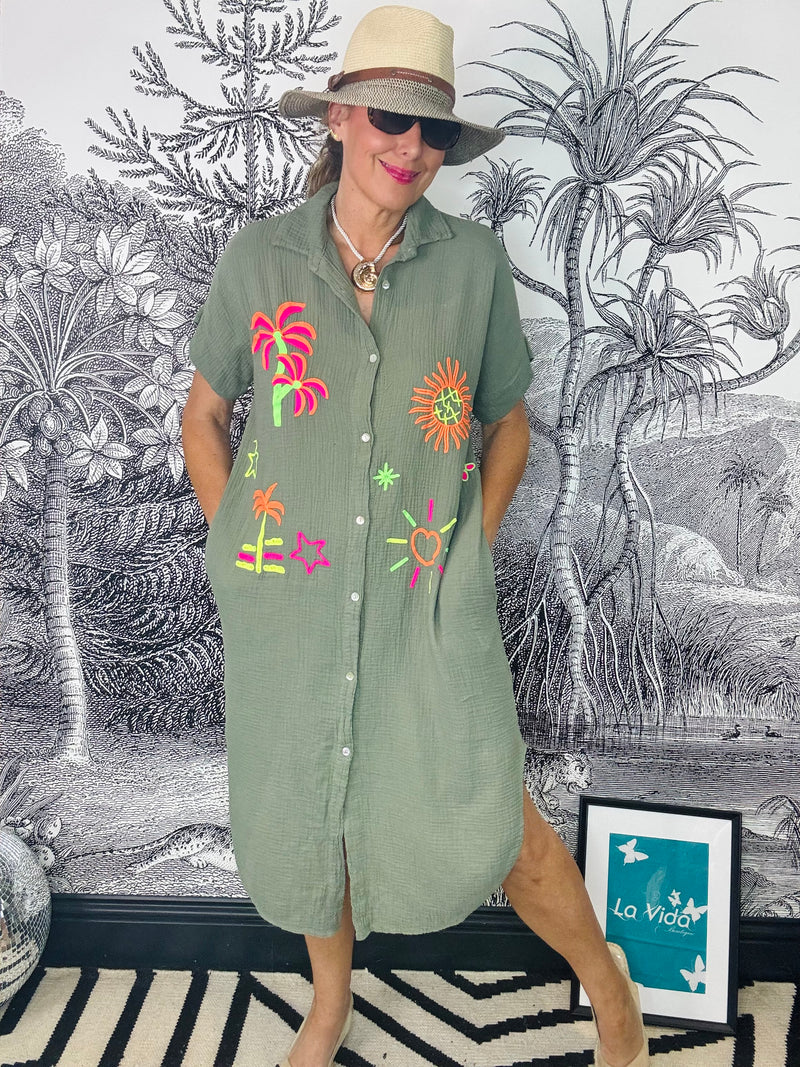 Bilbao Neon Embroidery Cheesecloth Shirt Dress in Khaki