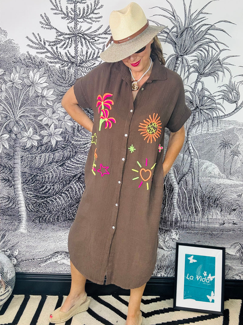 Bilbao Neon Embroidery Cheesecloth Shirt Dress in Brown