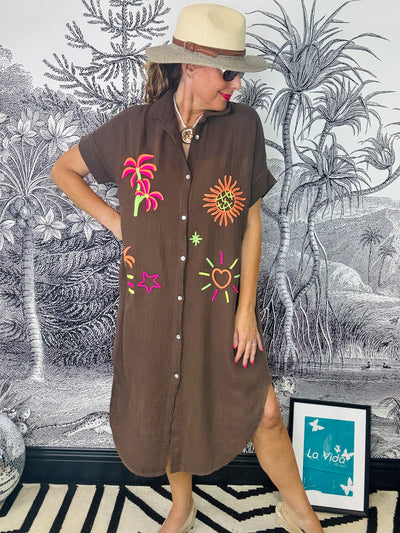 Bilbao Neon Embroidery Cheesecloth Shirt Dress in Brown