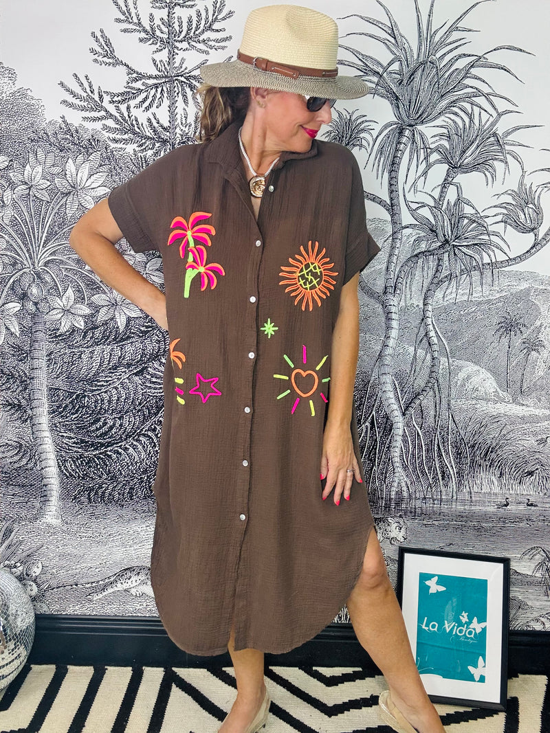 Bilbao Neon Embroidery Cheesecloth Shirt Dress in Brown