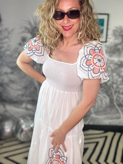 Coco Puff Sleeve Maxi Dress with Orange & Blue Broderie Detail