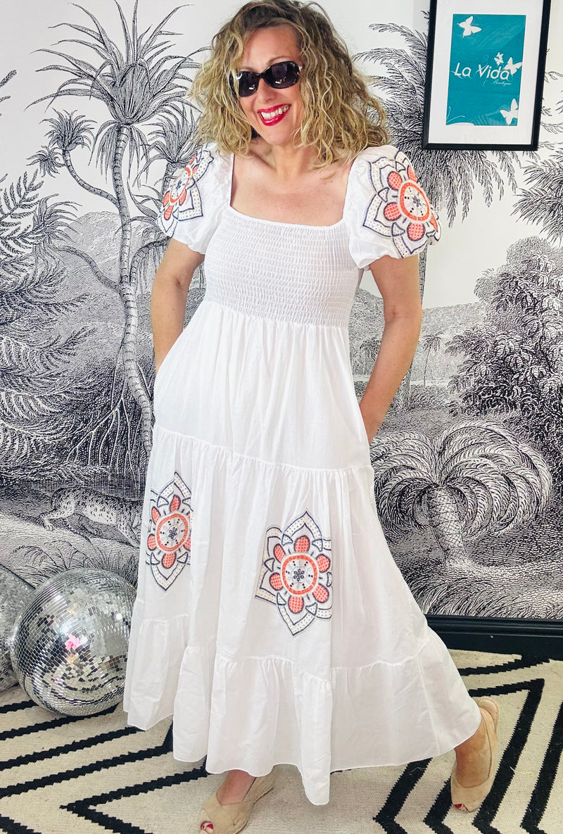 Coco Puff Sleeve Maxi Dress with Orange & Blue Broderie Detail