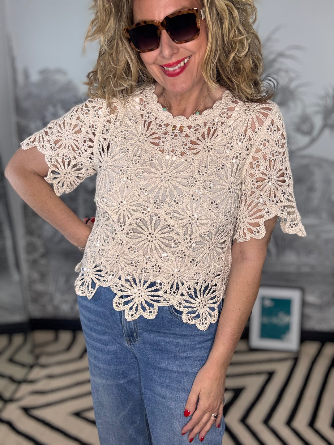 Sasha Sequin Detail Crochet Top