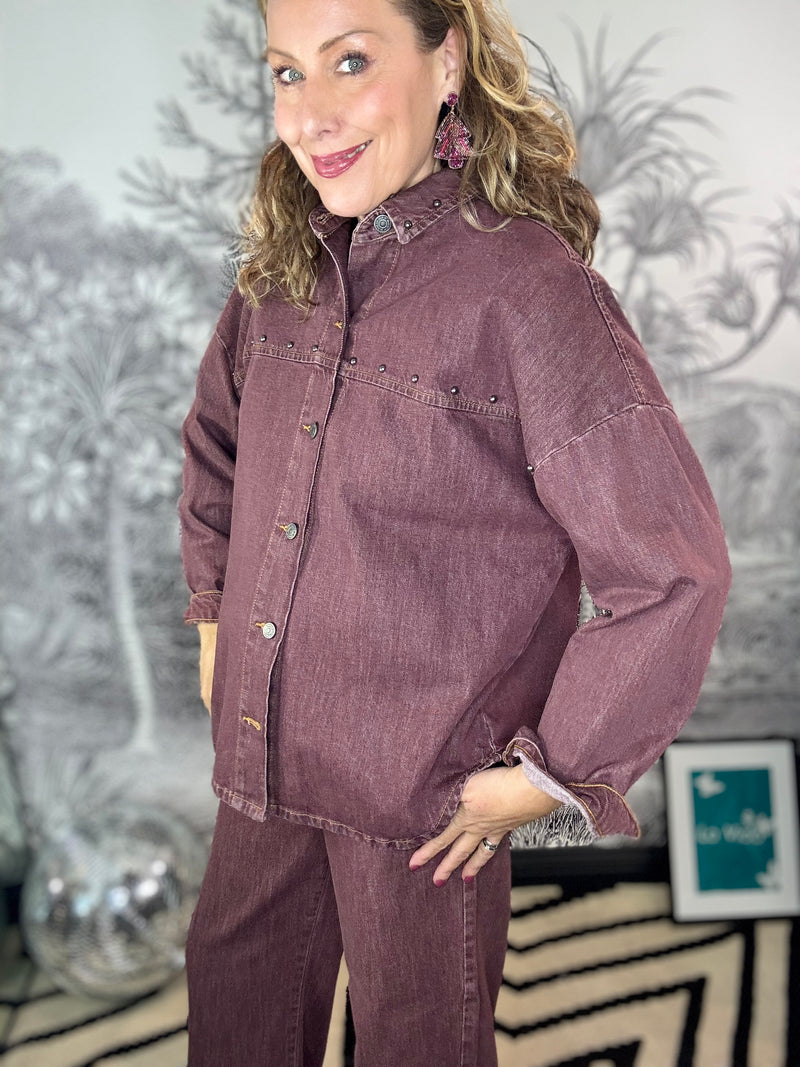 Terry Denim Studded Shacket in Plum