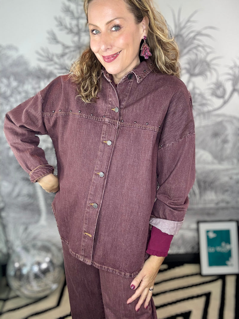 Terry Denim Studded Shacket in Plum