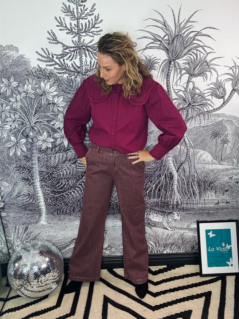 Terry Box Denim Jeans in Plum