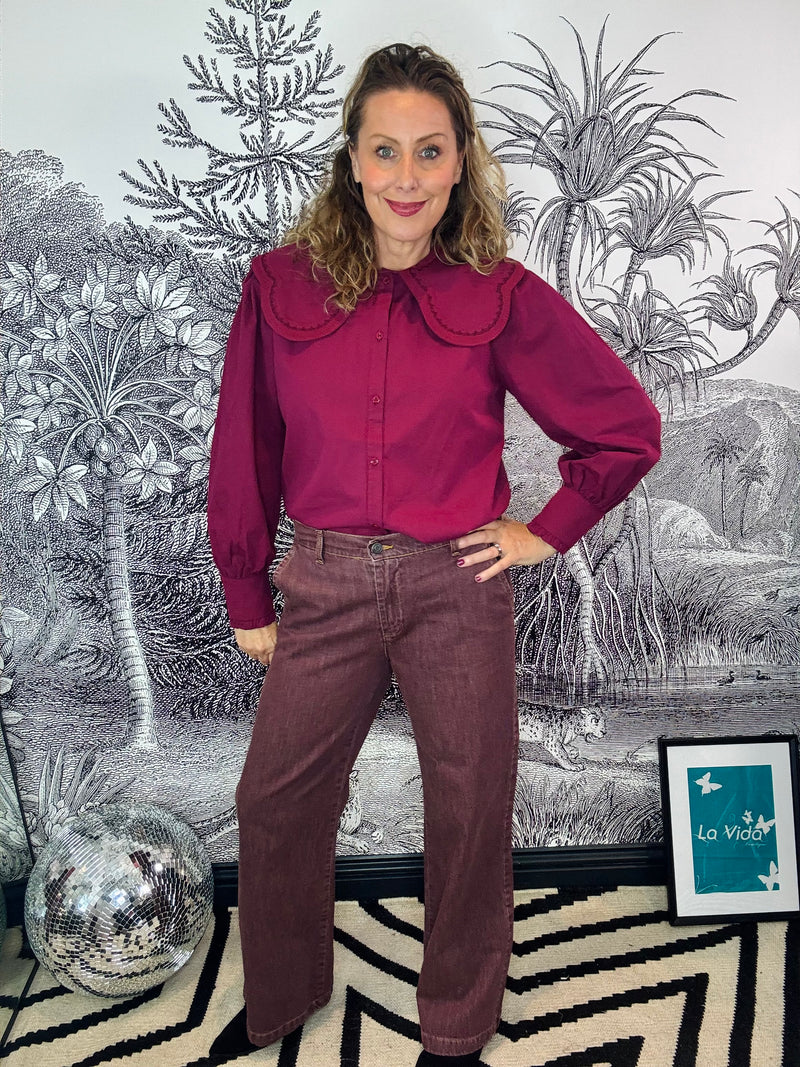 Terry Box Denim Jeans in Plum