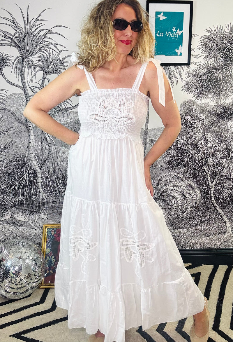 Andra Strappy Maxi Dress with Broderie Detail in White