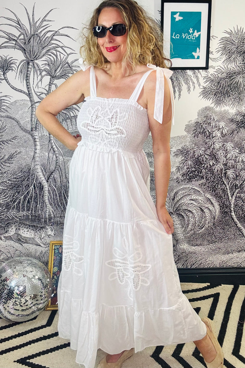Andra Strappy Maxi Dress with Broderie Detail in White