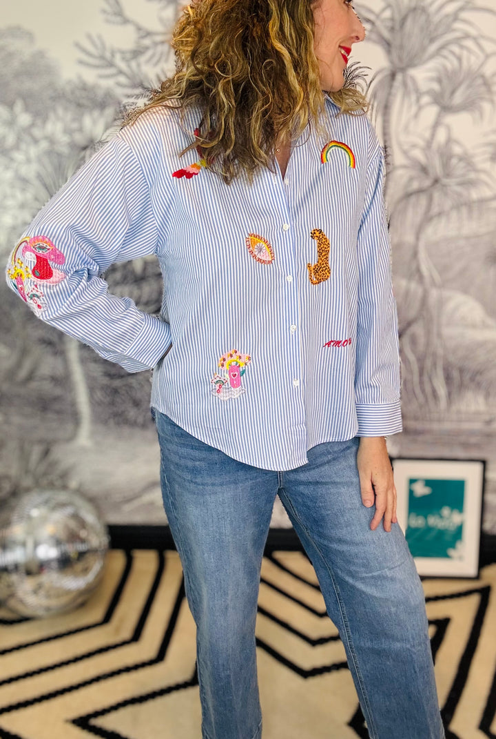 Amore Embroidered Pin Stripe blouse