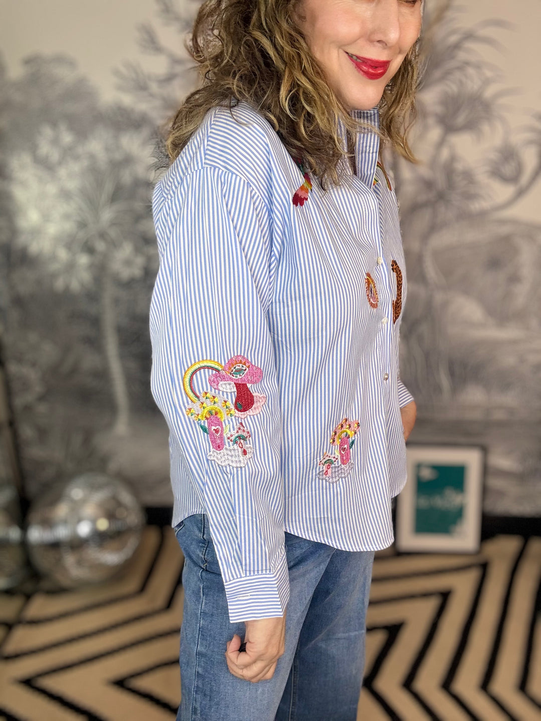 Amore Embroidered Pin Stripe blouse