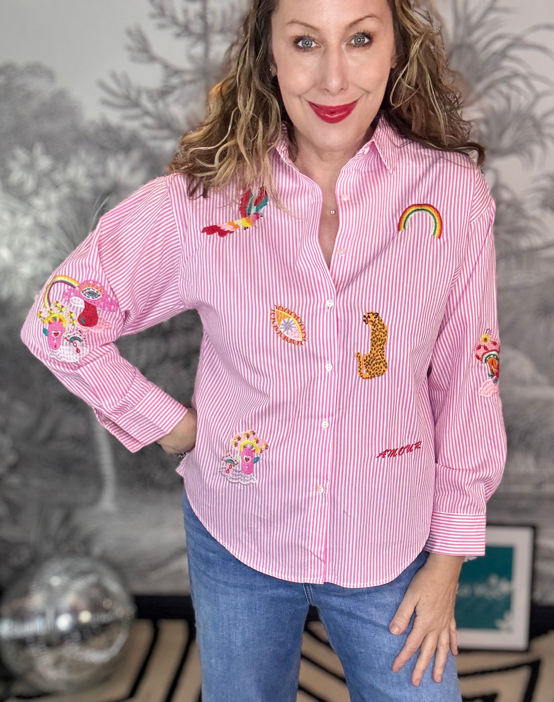 Amore Embroidered Pin Stripe blouse