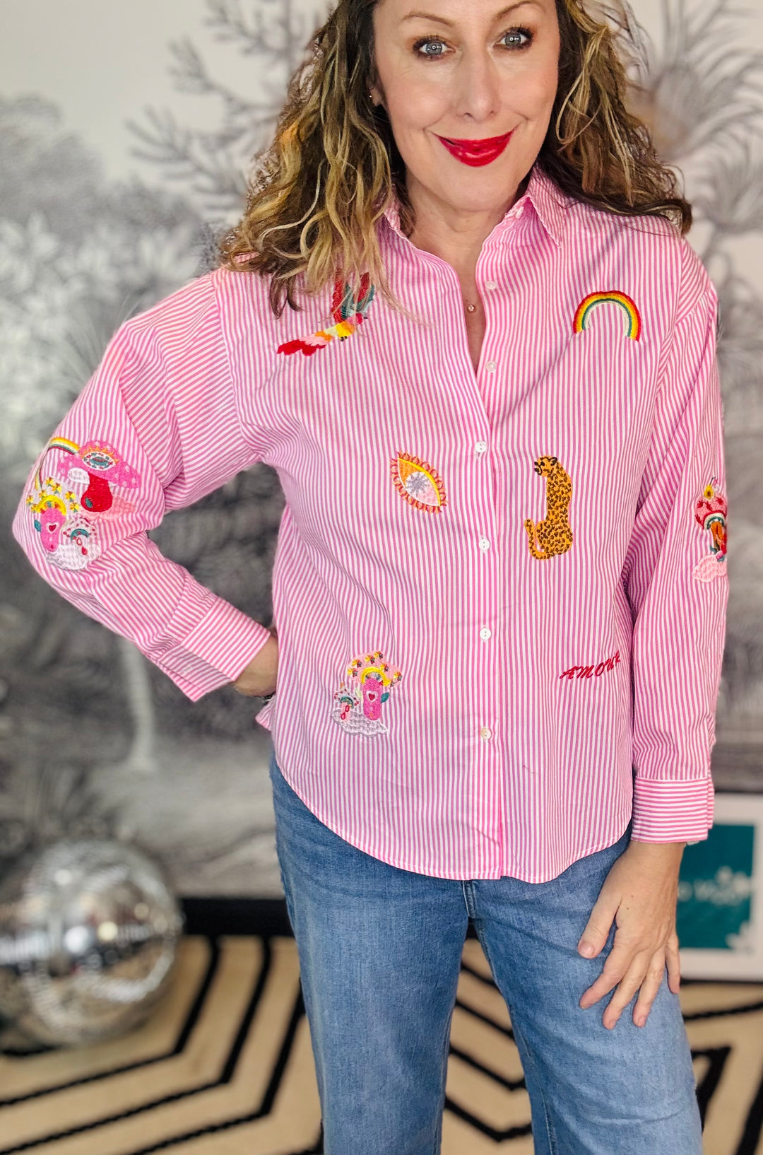 Amore Embroidered Pin Stripe blouse