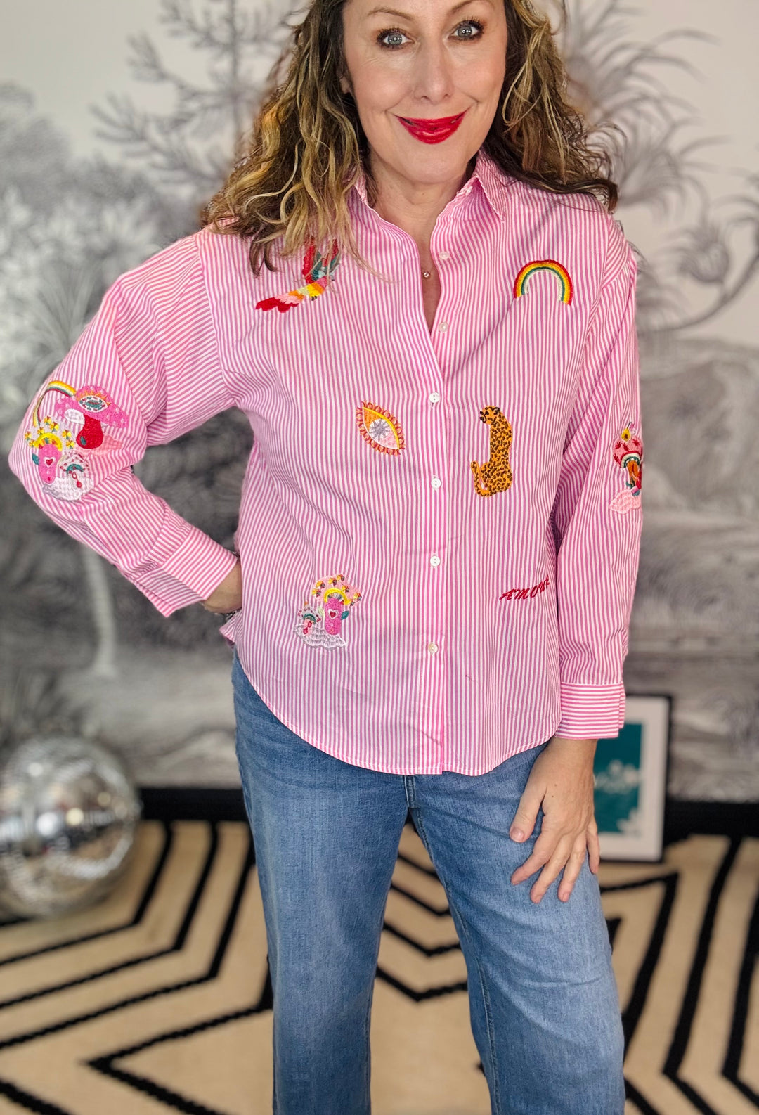 Amore Embroidered Pin Stripe blouse