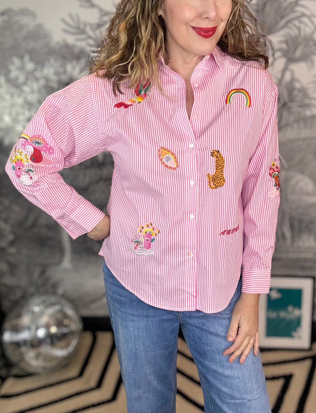 Amore Embroidered Pin Stripe blouse