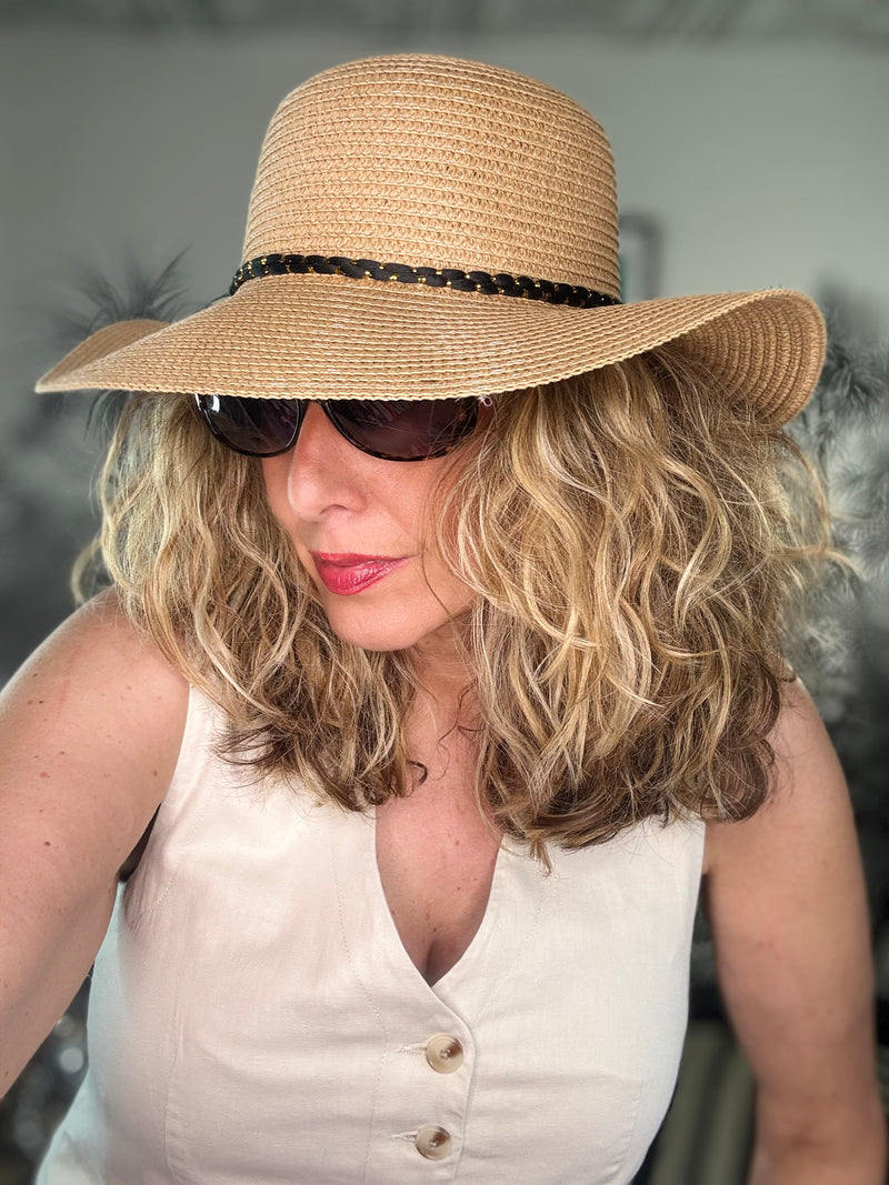 Foldable Cloche Sun Hat with Black Band & Gold Leaf Charms
