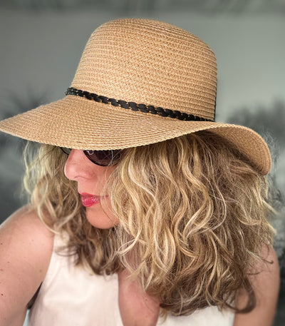 Foldable Cloche Sun Hat with Black Band & Gold Leaf Charms
