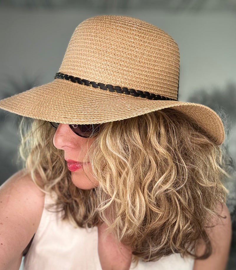 Foldable Cloche Sun Hat with Black Band & Gold Leaf Charms