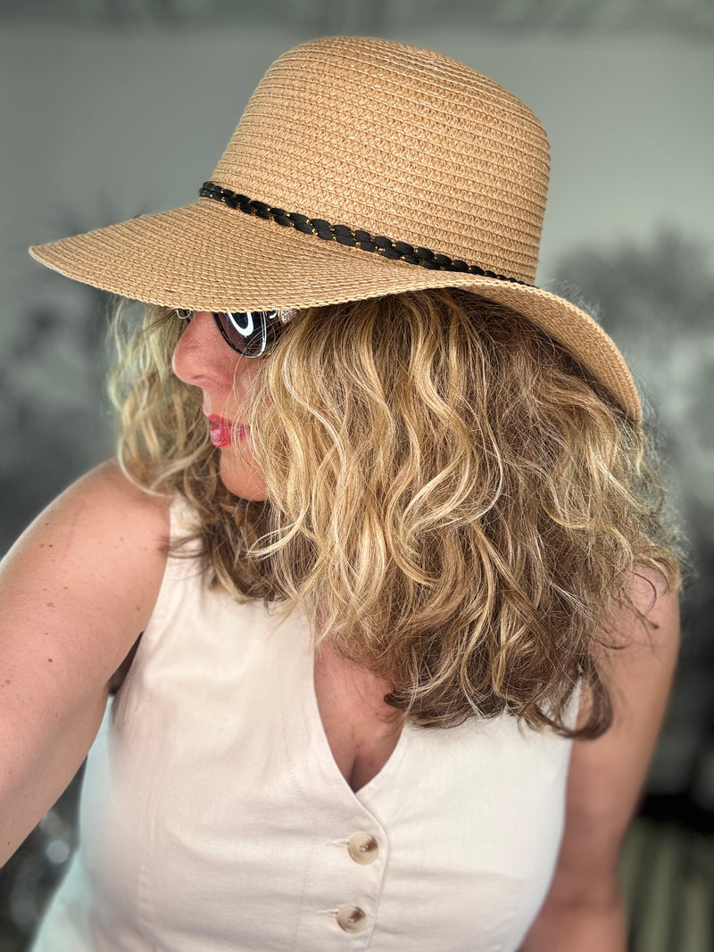 Foldable Cloche Sun Hat with Black Band & Gold Leaf Charms