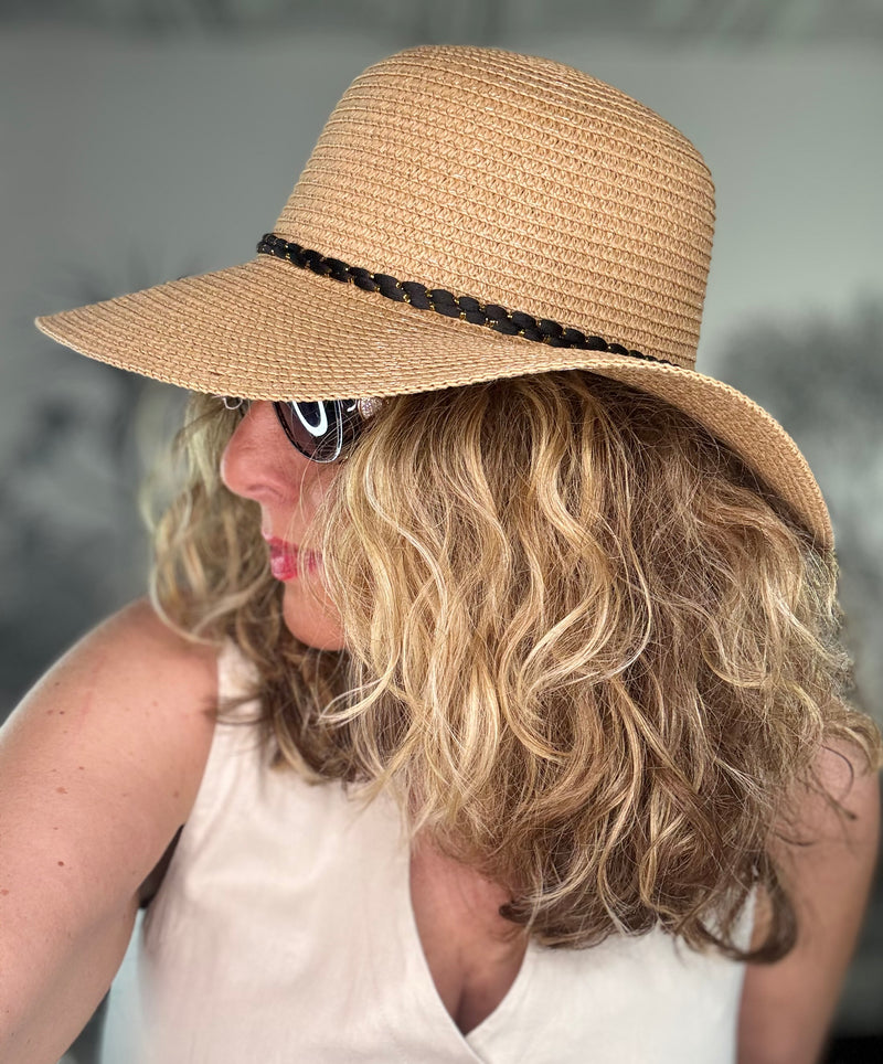 Foldable Cloche Sun Hat with Black Band & Gold Leaf Charms