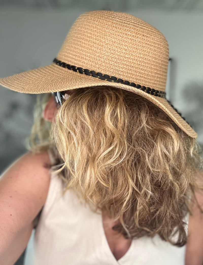 Foldable Cloche Sun Hat with Black Band & Gold Leaf Charms