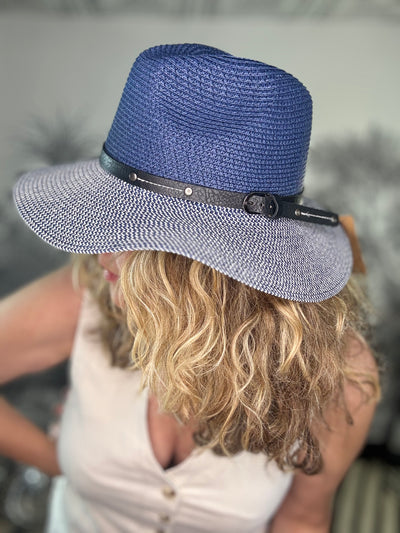 Two Tone Panama Foldable Hat - Mottled/Navy Blue with Belt