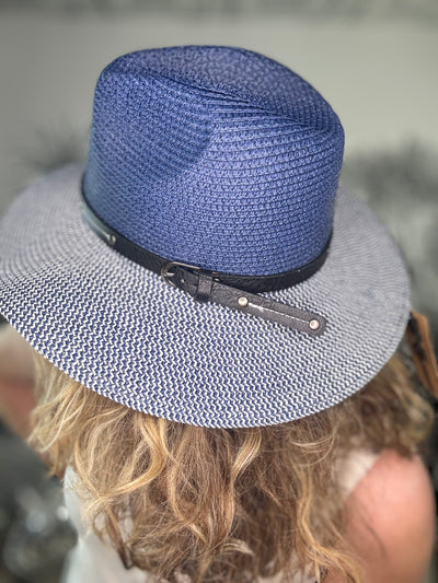 Two Tone Panama Foldable Hat - Mottled/Navy Blue with Belt