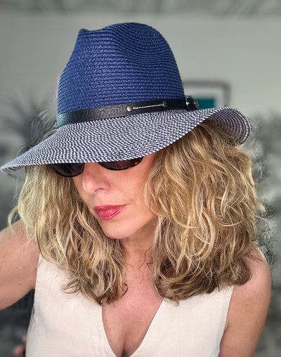 Two Tone Panama Foldable Hat - Mottled/Navy Blue with Belt