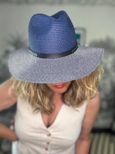 Two Tone Panama Foldable Hat - Mottled/Navy Blue with Belt