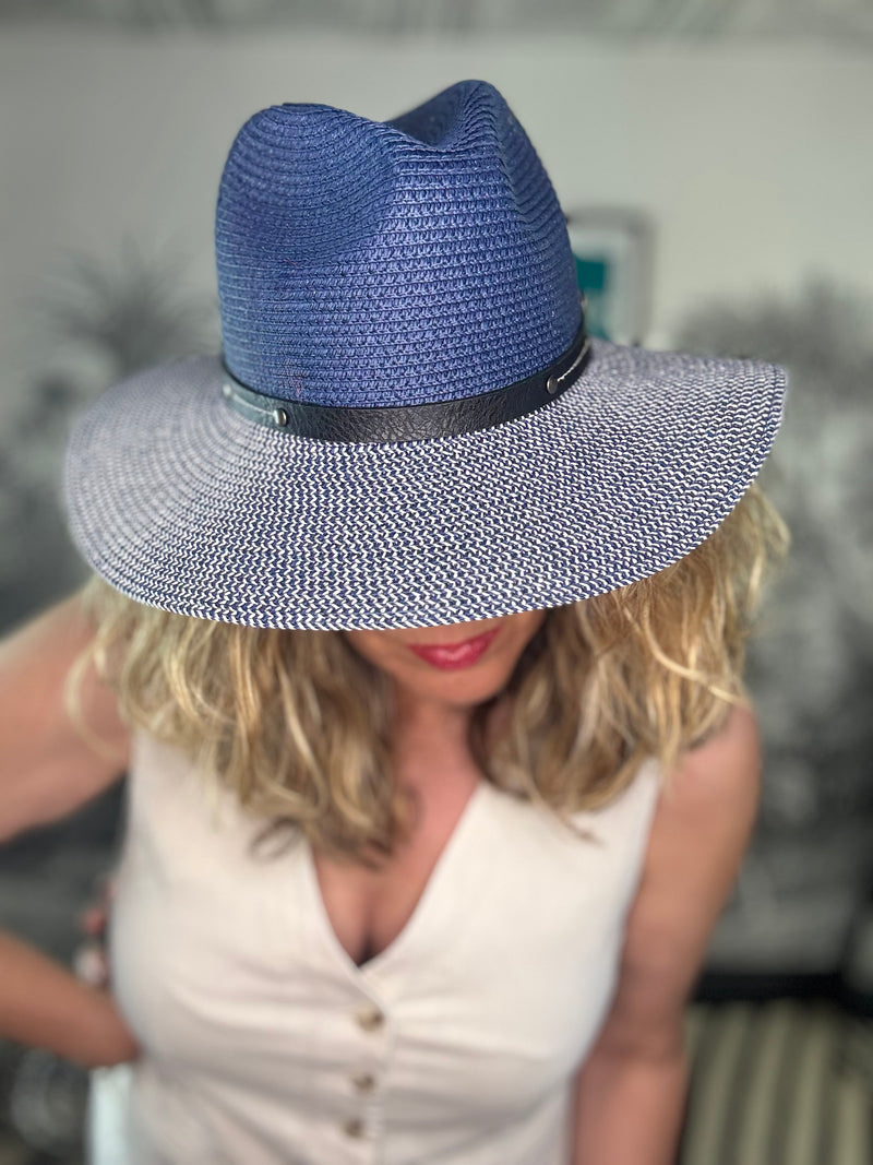 Two Tone Panama Foldable Hat - Mottled/Navy Blue with Belt