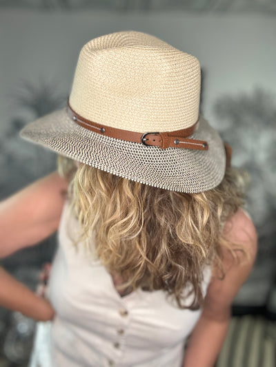Foldable Panama Hat in Mottled Black/Natural with Brown Belt