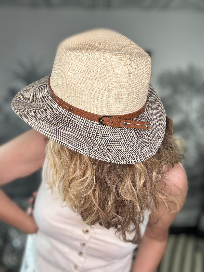 Foldable Panama Hat in Mottled Black/Natural with Brown Belt