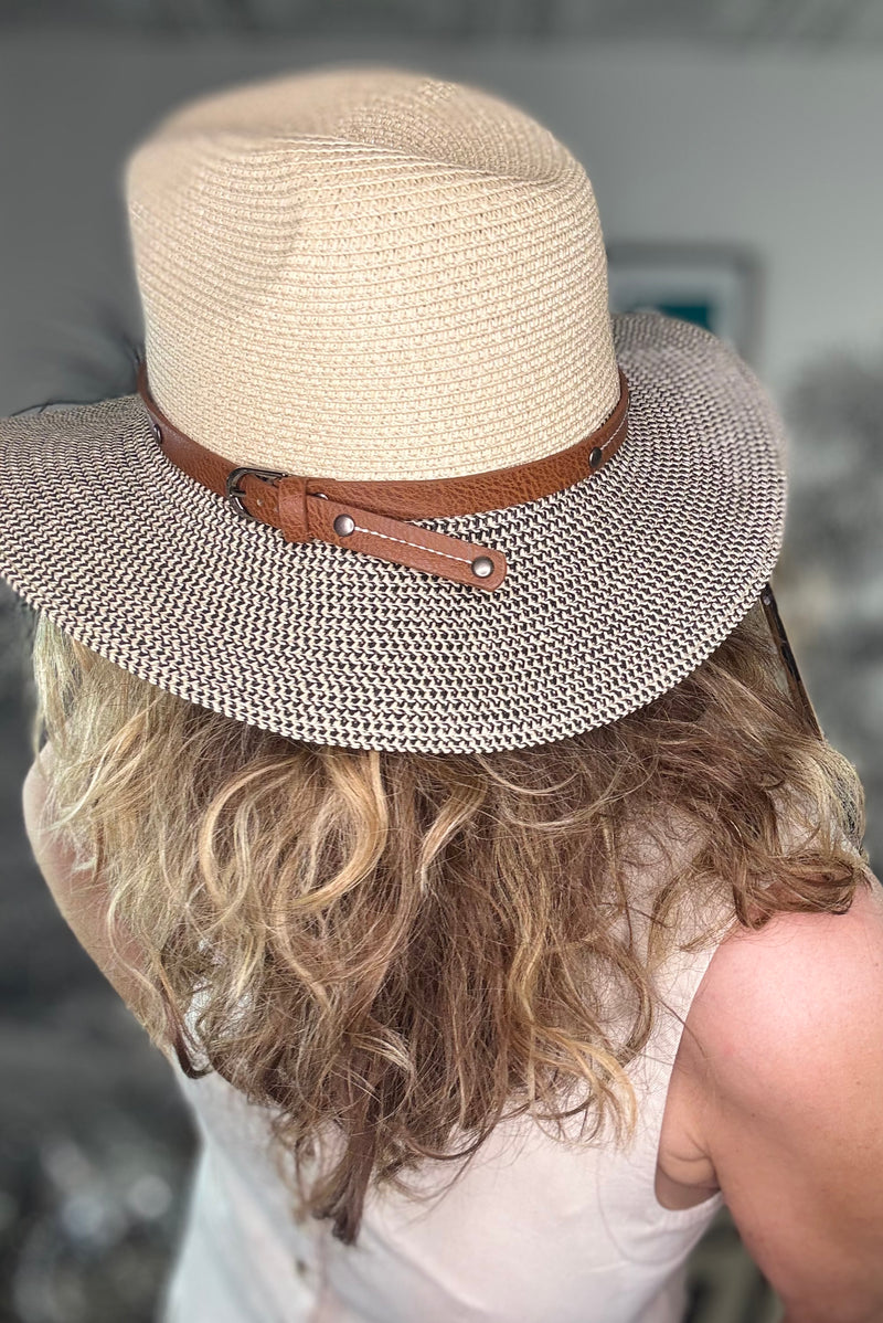 Foldable Panama Hat in Mottled Black/Natural with Brown Belt