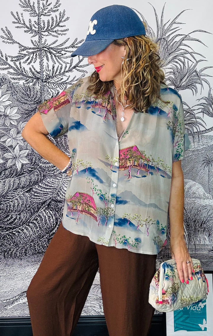 Oriental Landscape Grey Tea Blouse
