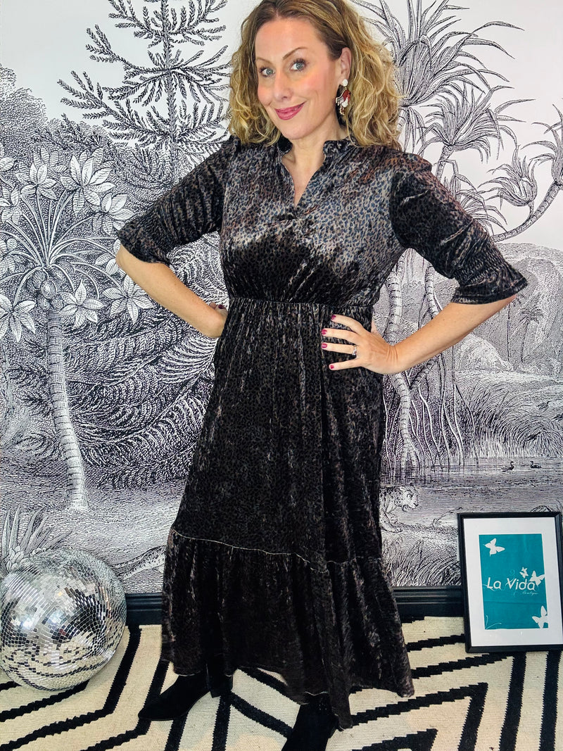 Pandora Dark Leopard Velvet Midi Dress