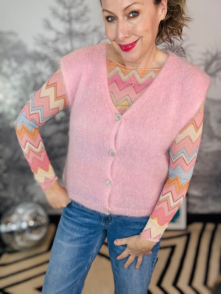 BJoerk Mohair Knit Vest with Diamante Buttons in Pink