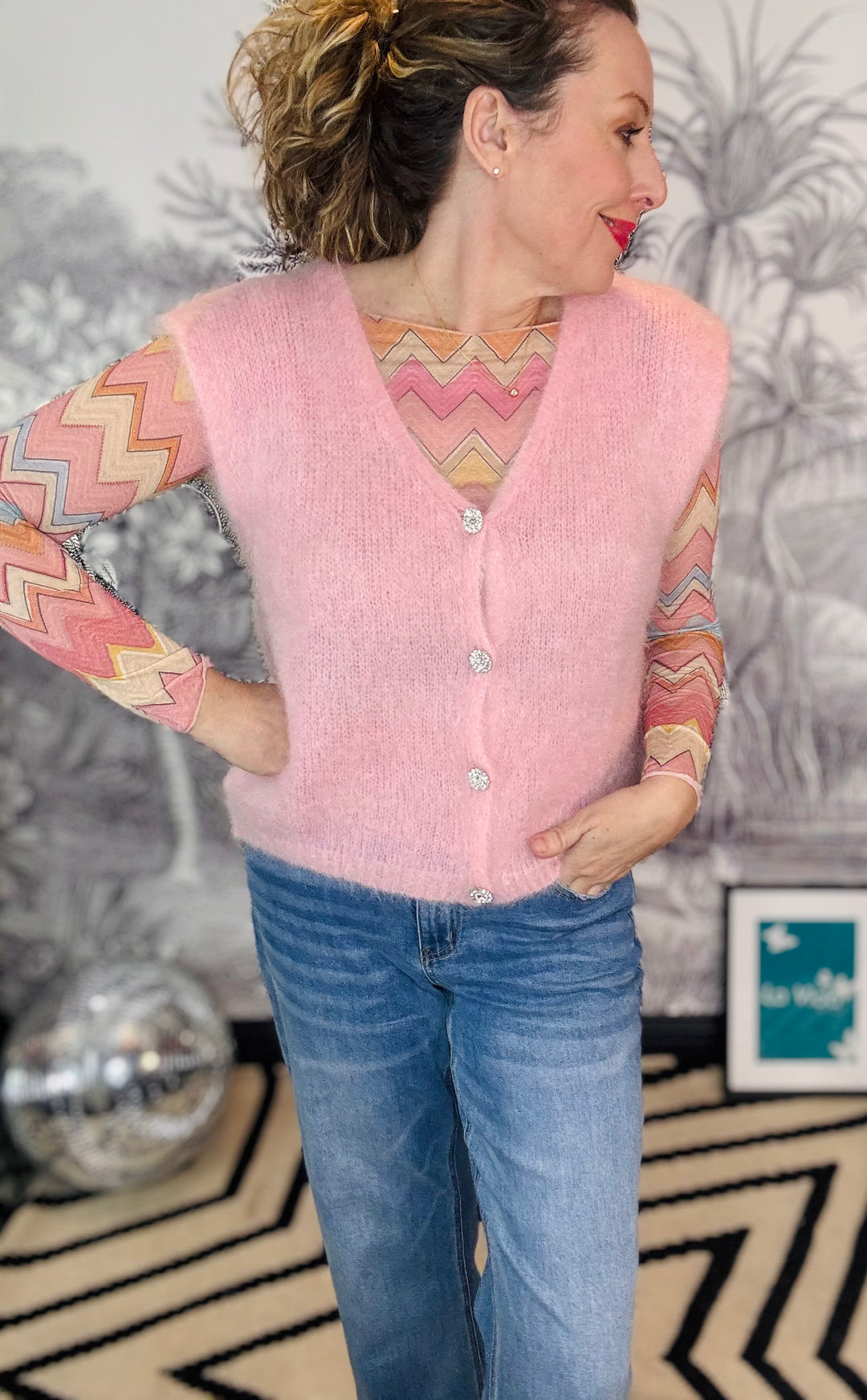 BJoerk Mohair Knit Vest with Diamante Buttons in Pink