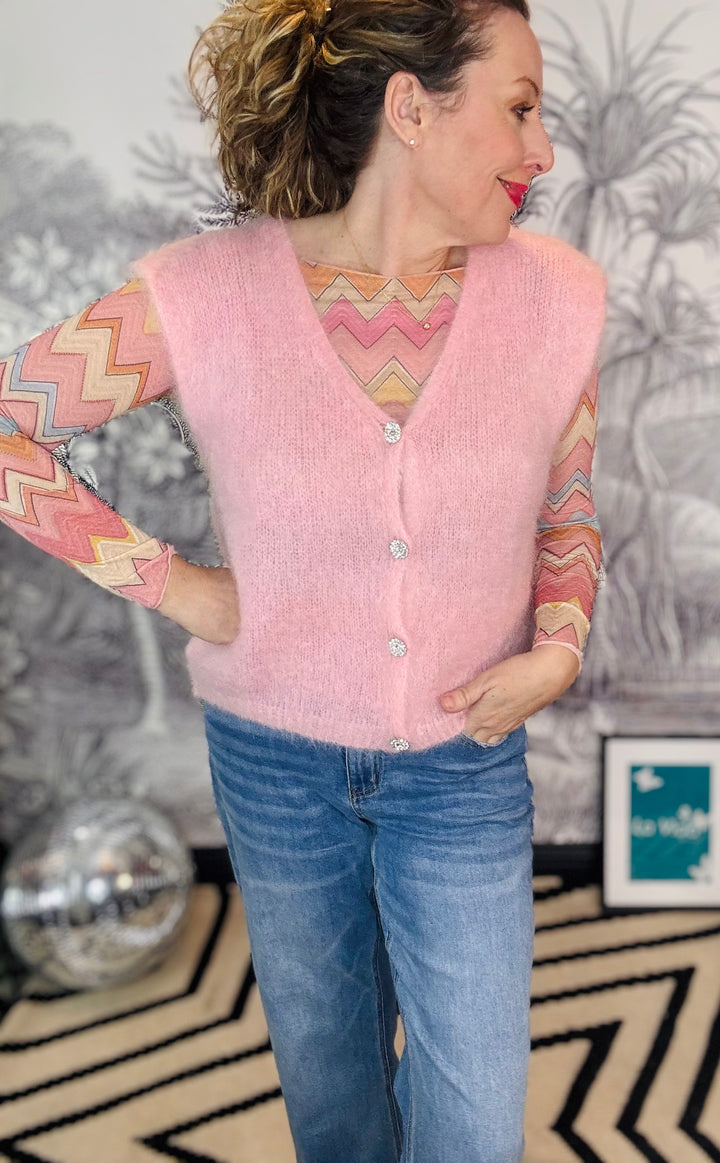 BJoerk Mohair Knit Vest with Diamante Buttons in Pink