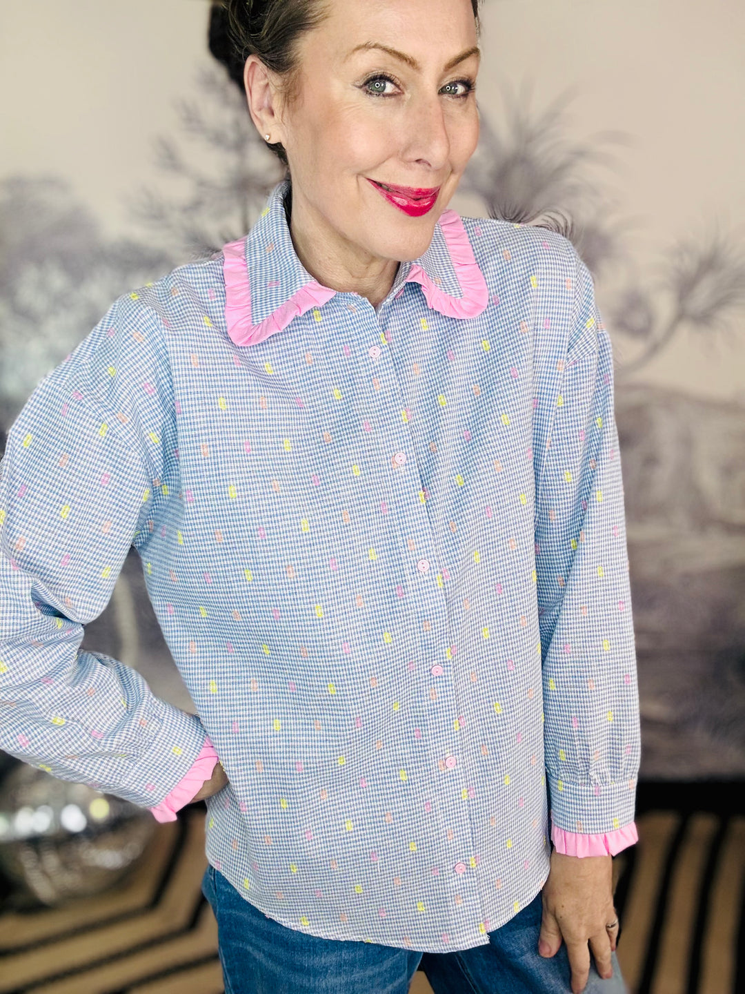 Dolly Collar Gingham Blouse With Embroidery