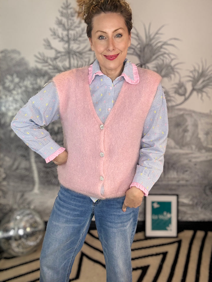 Dolly Collar Gingham Blouse With Embroidery