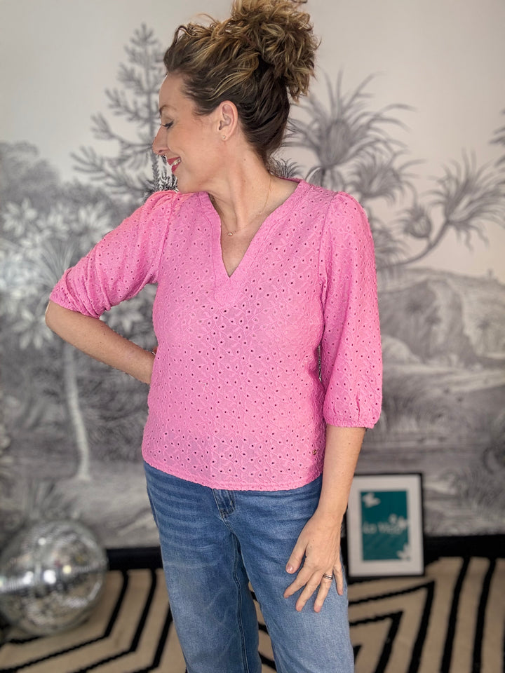 Ajour Broderie Anglaise Blouse In Pink