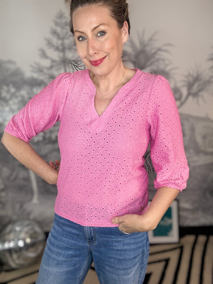 Ajour Broderie Anglaise Blouse In Pink